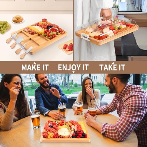 CAWIU Charcuterie Board with Lid and Handle - Portable Travel Design Bamboo Cheese Board Set with 4 Cheese Tools, Gift for Housewarming, Weddings, Picnics(8 Compartments, White)
