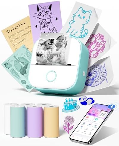 Memoking Mini Sticker Printer T02 Mini Thermal Printer with 6 Rolls Paper