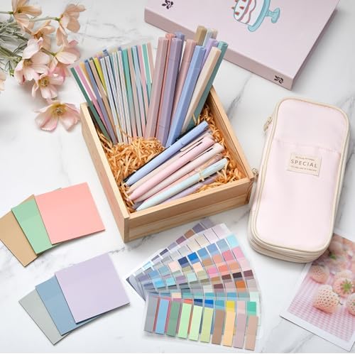 135 Pcs Book Annotation Kit with Pencil Case, 12 Pastel Highlighters, 11 Gel Pens, Fine Marker, 300 Transparent Sticky Notes, 2640 Index Tabs, Bible Study Supplies Kit(Classic,Pink)