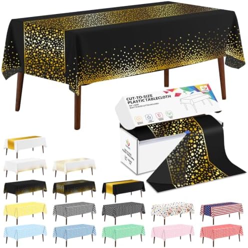 CXPSINC 54 Inch X 300 Feet Plastic Table Cover Roll Disposable Tablecloth with Slide Cutter for All Type/Shape Tables | Party, Banquet, Birthdays, Weddings(Black Golden Dot, 300 Feet)