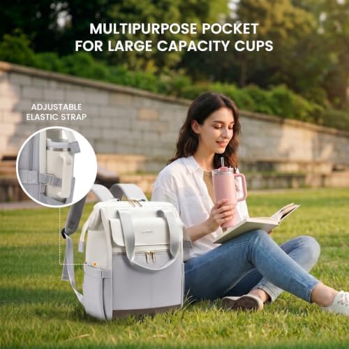LOVEVOOK Laptop Backpack for Women with Giant Tumbler Holder, 15.6 Inch Work Laptop Bag with USB Port, Fashion Teacher Nurse Backpack Purse, Waterproof Travel Computer Backpack, 2PCS, Beige-Light Grey