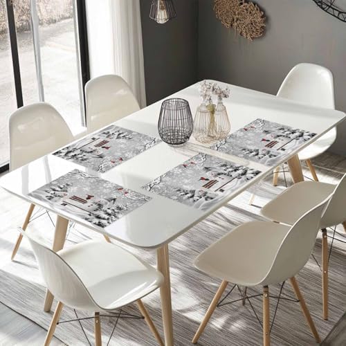 Winter Christmas Placemats Set of 4, Cute Snowman Cardinals Heat Resistant Washable Table Place Mats GreySnowy Pine Forest Cotton Table Linens Party Holiday Decor for Kitchen Dining Outdoor Indoor