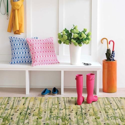 Spring Summer Farmhouse Kitchen Rugs and Mats Set of 2,Green Watercolor Birch Trees Enchanted Forest Non Slip Washable Floor Sink Mats Decorations for Home Kitchen 18"x48"+18"x30"