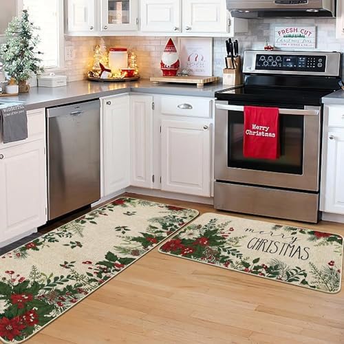 Baccessor Christmas Kitchen Rugs Set of 2, Poinsettia Holly Berry Leaves Kitchen Mats for Floor Hallway Laundry Sink Low-Profile Winter Holiday Home Decor 17x29 and 17x47 Inch