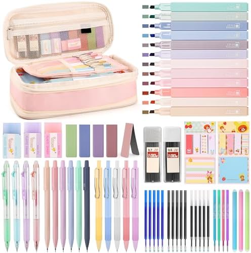 DazSpirit 62PCS Aesthetic Stationery Set with Foldable Pencil Case, Pink