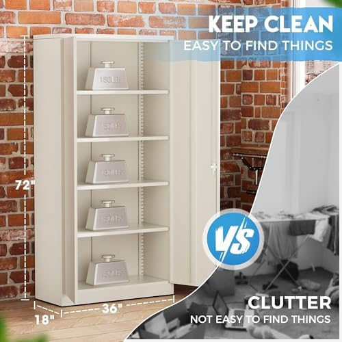 Greenvelly Garage Storage Cabinet,72" Metal Cabinet with 2 Doors and 4 Shelves,Steel File Cabinet for Home Office, Garage, Classroom（Grey 36" X 18"）