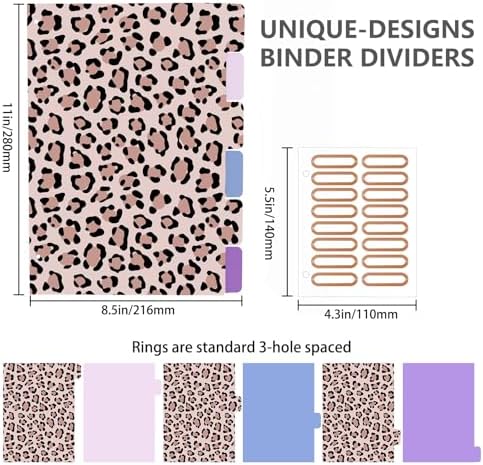 2 Inch 3 Ring Binder, Round Ring Binder with 6 Tab Dividers, 2 Interior Pockets, Cute Binders Clipboard with Storage for Letter-Size, Folders Organizer for School Office, Portfolio (Cheetah Spots)