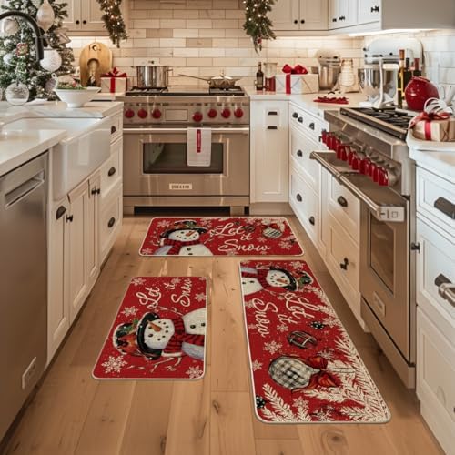 Artoid Mode Snowman Let It Snow Snowflake Christmas Kitchen Mats Set of 3, Winter Home Decor Low-Profile Kitchen Rugs for Floor - 17"x29"+17"x36"+17"x47"