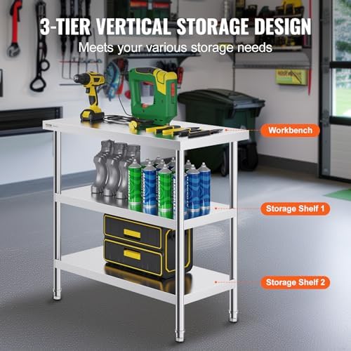 VEVOR Stainless Steel Food Prep Table, 18 x 36 x 34 Inch Commercial Kitchen Worktable, with 2 Adjustable Undershelf, Heavy Duty Prep Metal Work Table for BBQ, Kitchen, Home, and Garage