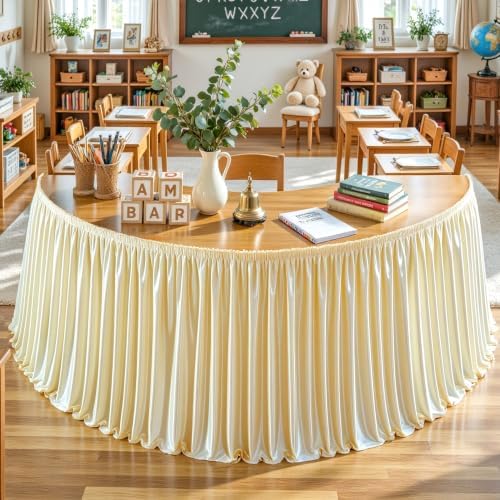 Wish Care 9ft Champagne Satin Table Skirt for Rectangle Tables Wrinkle Free Teacher Desk Skirt Glitter Ruffle Table Skirting Cloth for Back to School Classroom Office Dorm Birthday Party Table Decor