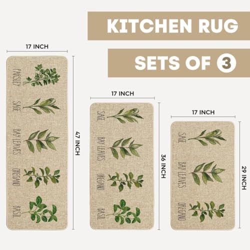 Artoid Mode Parsley Sage Oregano Basil Bay Leaves Kitchen Mats Set of 3, Seasonal Holiday Party Low-Profile Floor Mat for Home Kitchen - 17"x29"+17"x36"+17"x47"