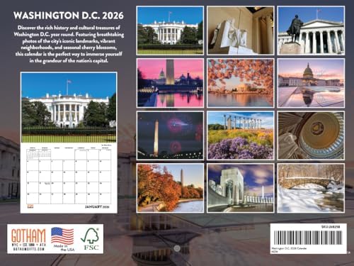 Washington DC Calendar 2026 Wall 12 Month Monthly DC Scenic Souvenirs Themed Gifts | American Made In The USA