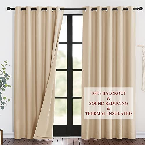 NICETOWN Living Room Noise Reducing Curtains, Privacy Protection & Completely Shaded Ring Top Drapes, Sound Preventing Insulated Window Treatment Curtain Panels(Biscotti Beige, 2 Pieces, W62 x L84)