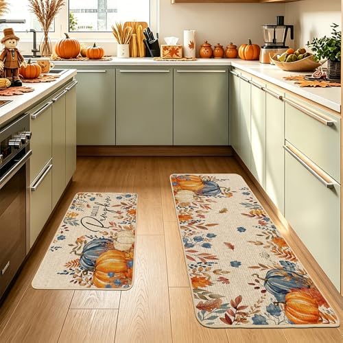 Baccessor Fall Kitchen Rugs Set of 2, Blue Pumpkin Floral Kitchen Mats for Floor Washable Low-Profile Farmhouse Autumn Holiday Home Indoor Outdoor Decor 17x29 and 17x47 Inch