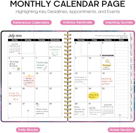 Planner 2026-2027, Monthly & Weekly Jul 2026-Jun 2027 Calendar Book | 6.3" x 8.5", Hardcover Spiral Planner with Tabs, School & Daily Pretty Agenda for Women, Students, Teachers, Fluid Eclipse