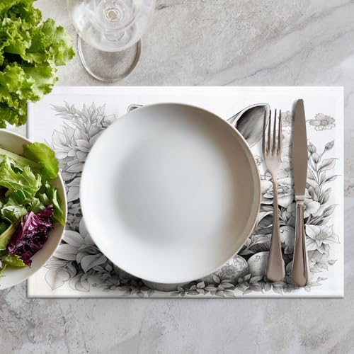 Batmerry Bunny with Eggs Flowers Linen Placemats Set of 8, A Bunny Surrounded By Eggs and Flowers Washable Table Mats for Kitchen Table Thickened Heat Insulation Dining Set Indoor Outdoor 12X18 in