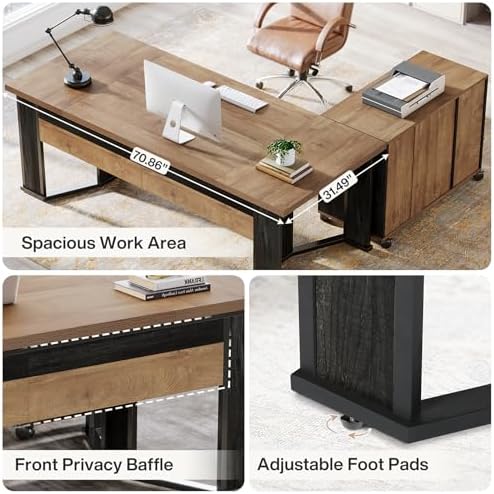 Tribesigns 70.86" Executive Desk with Mobile File Cabinet, Large L Shaped Computer Office Desk with 2 Drawers and Storage Shelves, Business Furniture Desk Workstation for Home Office (Light Brown)