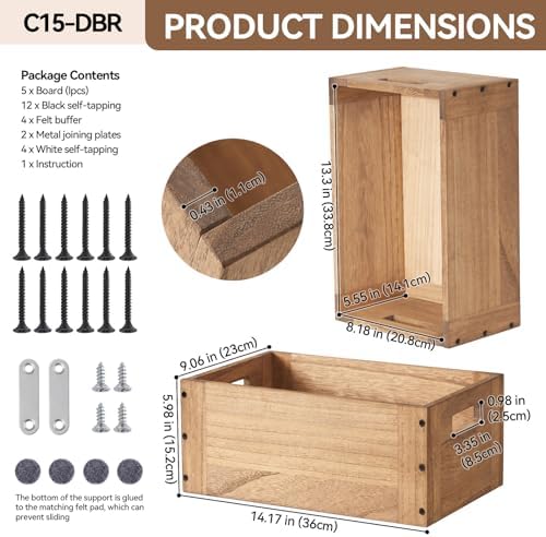 KIRIGEN Stackable Wood Storage Cube with Handles, Open Cubby Bin, Brown