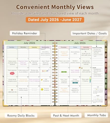Teacher Planner 2026-2027, July 2026 - June 2027, Academic Weekly & Monthly Calendar Planner with Tabs, 8.5" x 11" A4 Teacher Lesson Plan Book with 7 Periods, Daily Agenda School Organizer for Teacher Student Homeschool Abstract Flowers