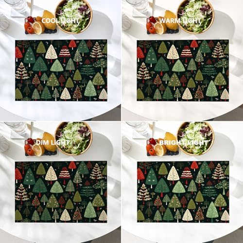 Batmerry Christmas New Year Linen Placemats Set of 4, Christmas Tree Cartoon Black Background Washable Table Mats for Kitchen Table Thickened Heat Insulation Dining Set Indoor Outdoor 12X18 in