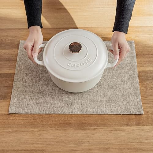 Demetex Linen Placemats Set of 6 Heat Resistant Wipeable Cloth Table Place Mats for Dining Table Indoor Restaurants, 13 x 19 inches, Linen