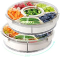 Divided Rotating Serving Tray with Lid and Handle, Portable Snackle Box for Fruits Snacks Veggie Charcuterie, Clear Lazy Susan Organizer and Fridge Storage Container for Adults Child (2PCS,12" L