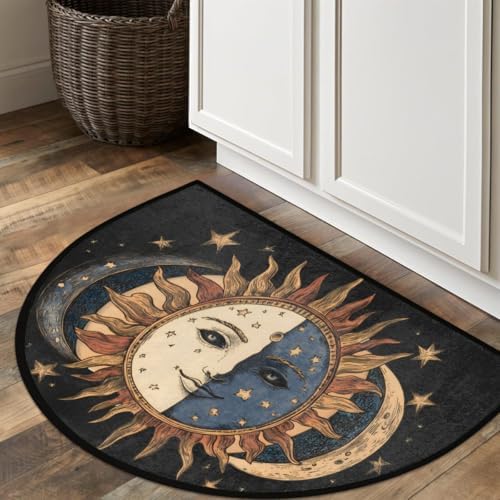 Pardick Boho Sun Moon Half Round Door Mat, Non-Slip Welcome Indoor Entrance Way Rug Semi Circle Front Doormats Washable Bathroom Kitchen Floor Mat, Outdoor Rugs for Garage, Patio, Hearth Rug