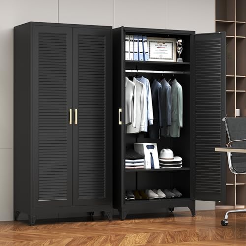 Steeloong 71"Armoire Wardrobe Close,Black Wardrobe Cabinet with Hanging Rod