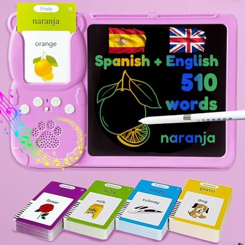Writing Tablet with Bilingual Flash Cards for Kids, Spanish Pink