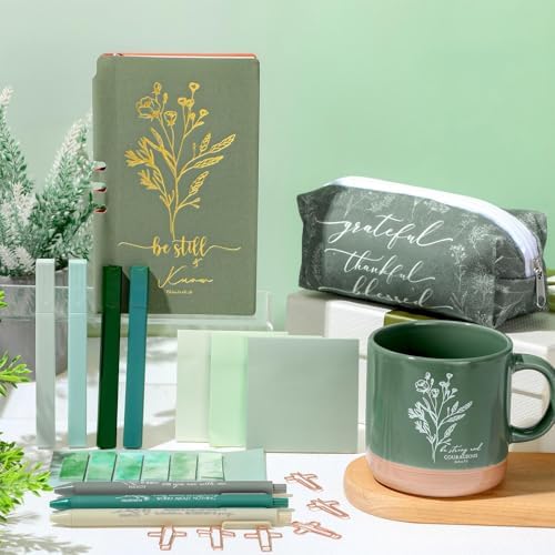 Reallnaive 25 Pcs Bible Study Kit for Women, Christian Gift with Notebook Mug Tote Bag Pouch Pen Highlighters Bible Journaling Supplies for Teen Girl, Teacher, Back to School, Church, Green