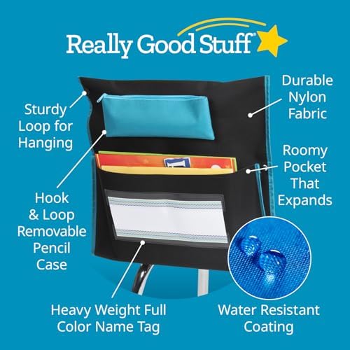 Really Good Stuff Deluxe Chair Pockets with Pencil Case, 6-Pack, Black