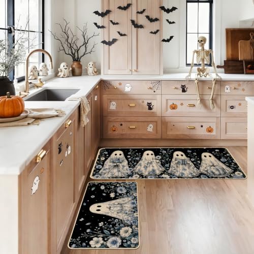 Baccessor Halloween Ghost Kitchen Rugs Set of 2,Spooky Blue and White Pumpkin Black Mat Rug Indoor Outdoor Low-Profile Non Slip Absorbent Floor Mats for Home Party Holiday Decor 17x29 and 17x47 Inch