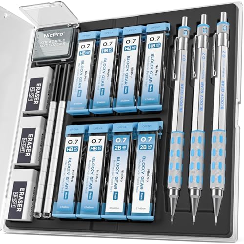 Nicpro Blocky Gear Mechanical Pencils 0.7 mm with Case, 3 Pack