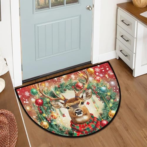 Christmas Snowflake Deer Half Round Door Mat, Non-Slip Welcome Indoor Entrance Way Rug Semi Circle Front Doormats Washable Bathroom Kitchen Floor Mat, Outdoor Rugs for Garage, Patio, Hearth Rug