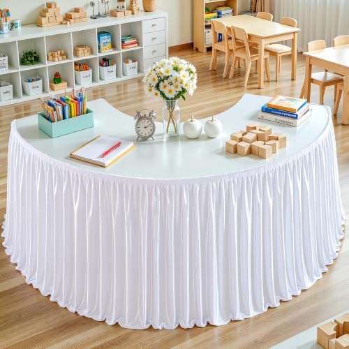 Wish Care 6ft White Satin Table Skirt for Rectangle Tables Wrinkle Free Teacher Desk Skirt Glitter Ruffle Table Skirting Cloth for Office Wedding Birthday Baby Shower Party Banquet Table Decorations