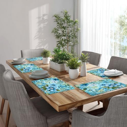 Batmerry Floral Light Blue Linen Placemats Set of 6, Blue Green Floral Washable Table Mats for Kitchen Table Thickened Heat Insulation Dining Set Indoor Outdoor 12X18 in