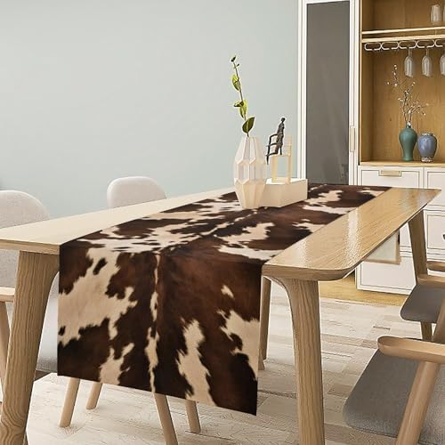 Cow Skin Print Table Runner, Western Rustic Cottage Country Farm Animal Fur Skin Pattern Black Cowhide Print Dinner Runner for Home Kitchen Dining Table Decoration 13"x70"