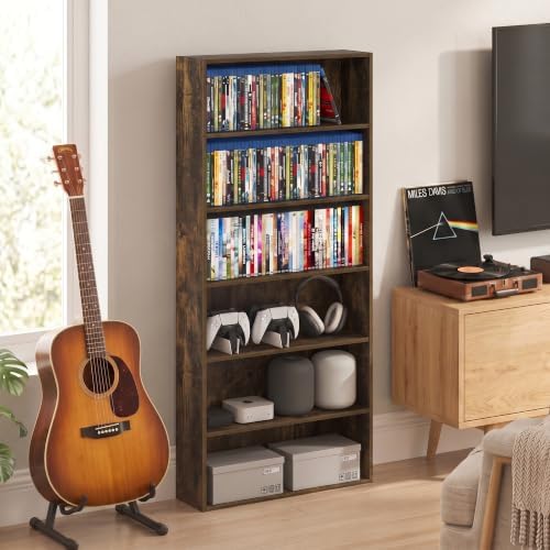 Furinno Basic DVD Shelf, 6-Tier Media Shelf, CD Rack, Amber Pine | 7 x 24 x 53, Open Shelf for DVD Blueray Game Disc, Cube Storage Organizer, for Living Room, Bedroom, Home Office