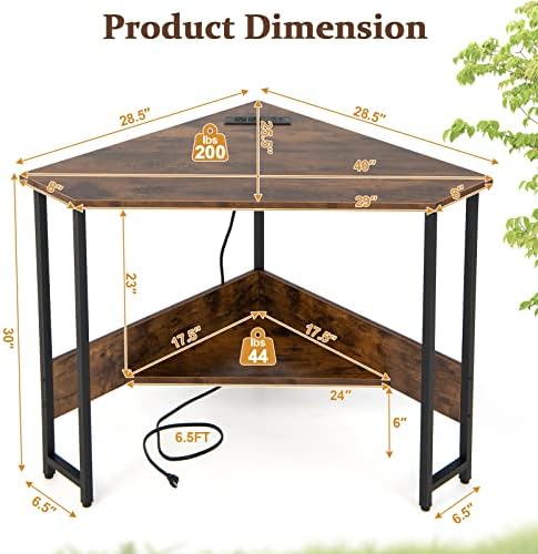 COSTWAY Corner Computer Desk, with USB Ports & Power Outlet, Storage Shelf for Small Space, Triangle Steel Frame Corner Desk for Home Office, Workstation (Rustic Brown)