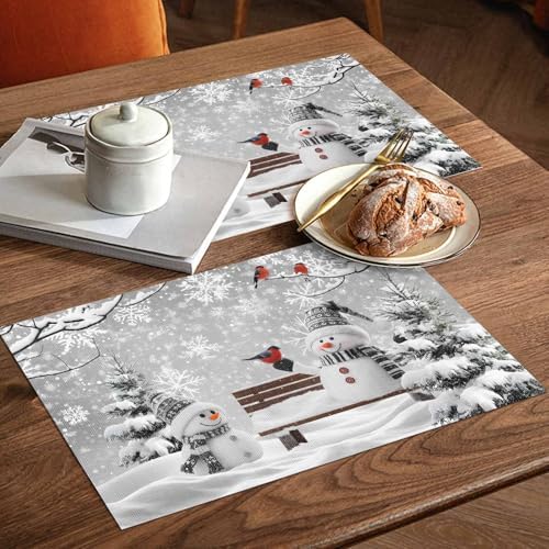 Winter Christmas Placemat 1PC, Cute Snowman Cardinals Heat Resistant Washable Table Place Mats GreySnowy Pine Forest Cotton Table Linens Party Holiday Decor for Kitchen Dining Outdoor Indoor