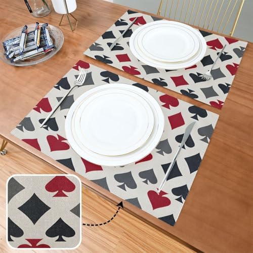 ALAZA Playing Card Suits in Red Black Pattern Set of 6 Placemats Rectangle Table Mat for Dining Table Restaurant Kitchen Home Decor, 12" x 18"