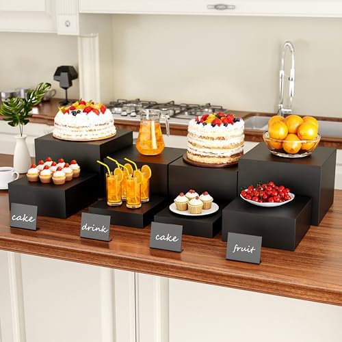 Metal Buffet Risers,4PCS OVERSIZED Food Risers for Buffet Table 8''X9''10''X11''Display Stand with Mini Acrylic Signs for Catering Dessert Collectibles Jewelry Figures Show Matte Black Cube Boxes Nesting Risers with Hollow Bottoms