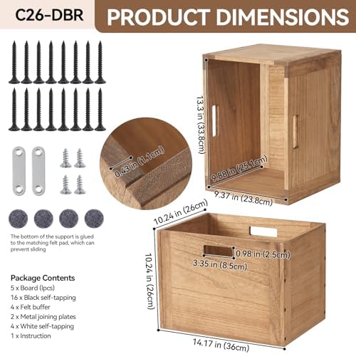 KIRIGEN Stackable Wood Storage Cube with Handles, Open Cubby Bin, Brown