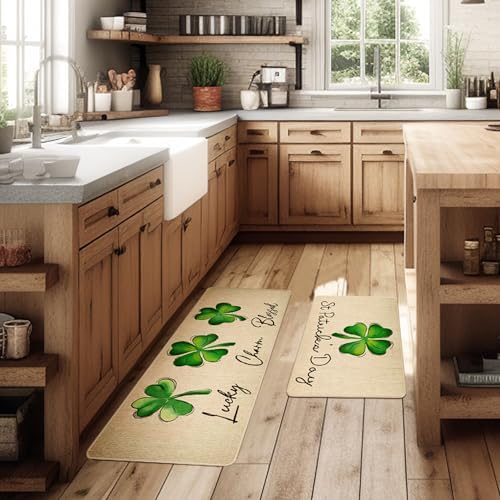 St Patricks Day Kitchen Rug Set of 2, Non-Slip Absorbent Door Mats Seasonal Lucky Green Shamrock Clover Decorative Kitchen Floor Mat 17x29 and 17x47 Inch DM127