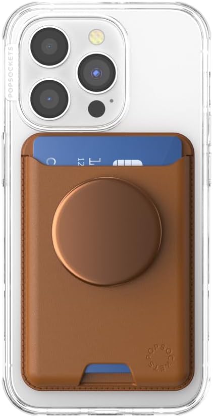 PopSockets Phone Wallet for MagSafe with Grip- Cognac | PopWallet, Holds 3 Cards, Magnetic, Removable, Secure, Brown, Plain, Cream, Beige, Summer Spring