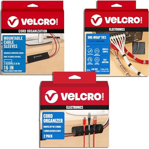 VELCRO Brand Complete Desk Cable Management Kit | 8in Mountable Cable Sleeve 2pk + 150pk Reusable Cable Ties + Desk & Nightstand Cord Organizer | Black, Damage-Free Mounting