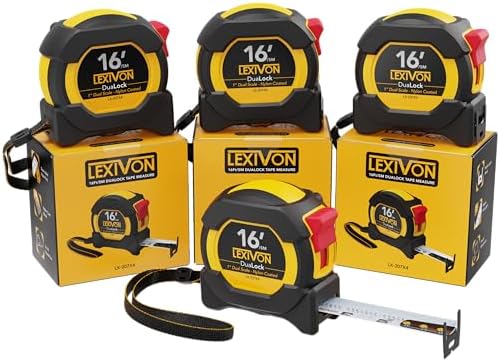 LEXIVON [4-Pack] 16Ft/5m DuaLock Tape Measure | 1-Inch Wide Blade with Nylon Coating, Matte Finish White & Yellow Dual Sided Rule Print | Ft/Inch/Fractions/Metric (LX-207X4)
