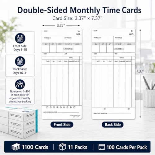 1100 Time Cards Compatible with Nile 4500PP/4500PP10 & Pyramid 3800/3800-10 Time Clocks, Numbered 1-100 Monthly Double-Sided Timecards for Employees, 3.37" x 7.37"