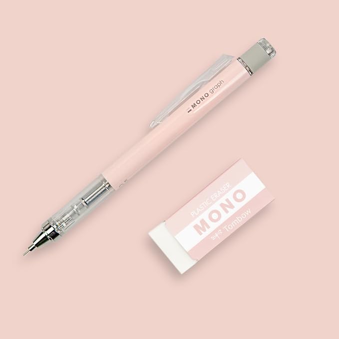 Tombow MONO Graph and MONO Eraser, 0.5 mm, Coral Pink, Precision with 4 mm Tip, Innovative Shake Mechanism, More Stable Brass Pliers, Refillable, Includes Eraser [SH-MG84-PE04A]