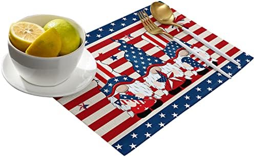 4th of July Patriotic Placemats Set of 6-Stripes and Stars American Flag Gnomes Heat Resistant Placemat Washable Cotton Linen Table Mats Memorial Day Party Holiday Decorations for Kitchen Dining Table